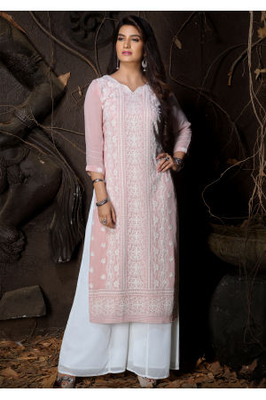 Pink Color Designer Georgette Straight Cut Kurti